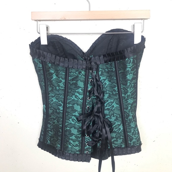 Green Black Lace Up Strapless Corset Top Small - Picture 5 of 7
